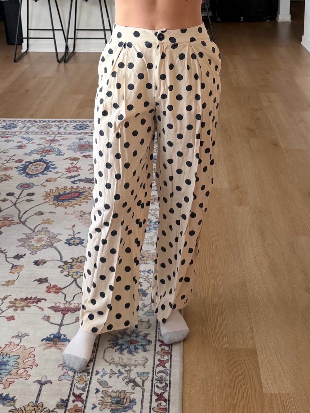 Polka Dot Wide-Leg Pants - Cream/Navy